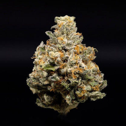 Close-up of Georgia Pie hybrid strain, frosty trichomes and dessert-like aroma